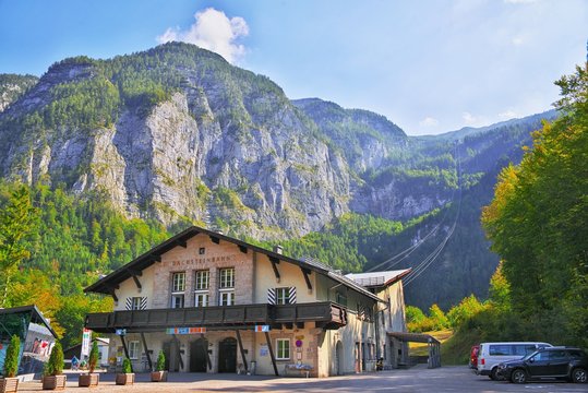 OBERTRAUN, AUSTRIA - SEPTEMBER 29, 2018: Valley station Dachsteinbahn of the Dachstein ropeway, a famous tourist destination of Salzburger Land for hikers near Hallstatt and Five Fingers viewpoint