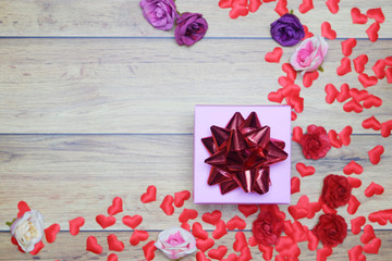 flat-lay background for Valentine's Day, love, hearts, gift box Copy space