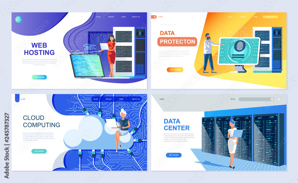 Poster Set of landing page template for Hosting, Data Protection, Data Center, Cloud Computing. Modern vector illustration flat concepts decorated people character for website and mobile website development.