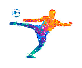 Abstract professional soccer player quick shooting a ball from splash of watercolors
