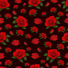 Red roses seamless pattern on black background for design, prints, wallpaper
