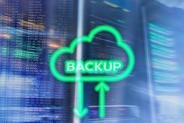 Backup button on modern server room background. Data loss prevention. System recovery.