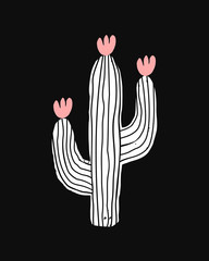 Cactus design in white and pink on black background.
