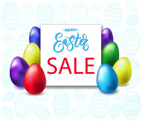 Happy Easter Sale template with realistic colored shine eggs. Happy Easter big hunt or sale banner with hand lettering and colorful metallic Eggs. Vector illustration for promotion, poster, flyer.