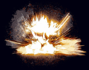 Abstract illustration of a bright fiery explosion against a black background. From the blast wave of flame, a cloud of dust and ash scatters in different directions. White, yellow, red colors