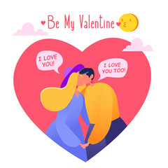 Romantic vector illustration on love story theme. Couple in love, they embrace and kiss. Admit each other in love. Lifestyle concept on Valentine Day theme. Valentine's Day сard.