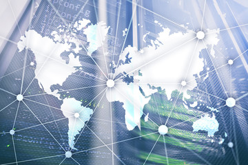 World map with communication network on server room background