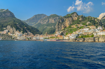 Fototapeta na wymiar View of the Amalfi from the sea. Amalfi coast in Italy