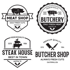 Fototapeta premium Set of Butcher Shop and Butchery hand written lettering logo, label, badge, emblem. Template for shop, cover, sticker, print, business works. Vintage retro style.