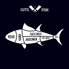 Meat cuts - fish. Diagrams for butcher shop. Scheme of fish. Animal silhouette fish. Guide for cutting.