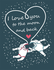 Fototapeta na wymiar Funny spacemen love Happy Valentine's Day Greeting Card Poster
