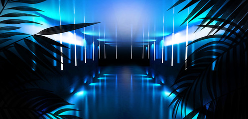 Background of the dark room, tunnel, corridor, neon light, lamps, tropical leaves. Abstract background with new light. 3D rendering