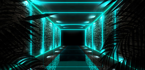 Fototapeta premium Background of the dark room, tunnel, corridor, neon light, lamps, tropical leaves. Abstract background with new light. 3D rendering