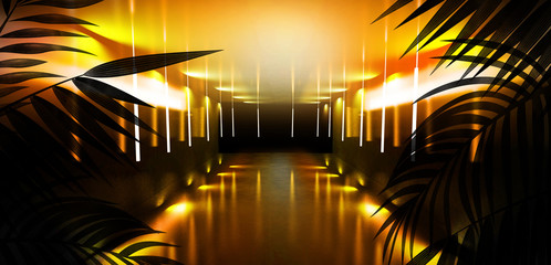 Background of the dark room, tunnel, corridor, neon light, lamps, tropical leaves. Abstract background with new light. 3D rendering