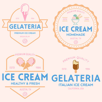 Set of vintage ice cream shop logo badges and labels, gelateria signs. Retro logotypes for cafeteria or bar.