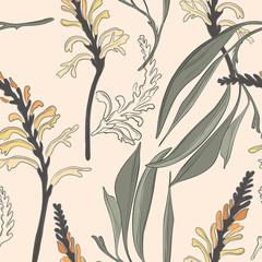 Vector seamless leaves and florals pattern. Botanical fabric illustration. Wedding design, event banner decoration, party wallpaper. Creative contrast texture