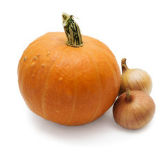 Fresh pumpkin variety and two bulbs isolated on white background