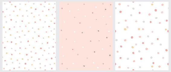 Simple Hand Drawn Irregular Dots Vector Patterns. Pink, Brown and Beige Dots on a White Background. Pink, White and Brown Dots on a Pink Background. Infantile Style Abstract Dotted Print. - obrazy, fototapety, plakaty