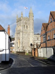 Fototapeta na wymiar St Mary's Church viewed from the High Street, Old Amersham, Buckinghamshire, UK