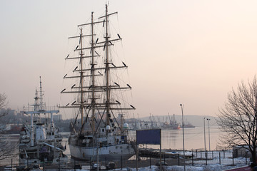 Parking of ships in the port of the city