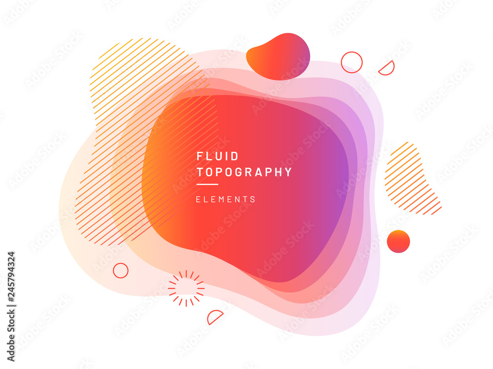 Poster Layered fluid blobs. Yellow and red, violet geometric liquid topography. Abstract blurry free shapes gradient. Brush spot with dynamic colors and circles. Background template for flyer or banner