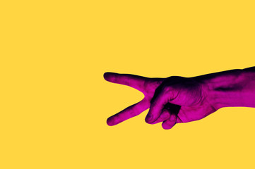 Isolated hand photo on yellow background. Pink hand collage style. Bright pop art template with...
