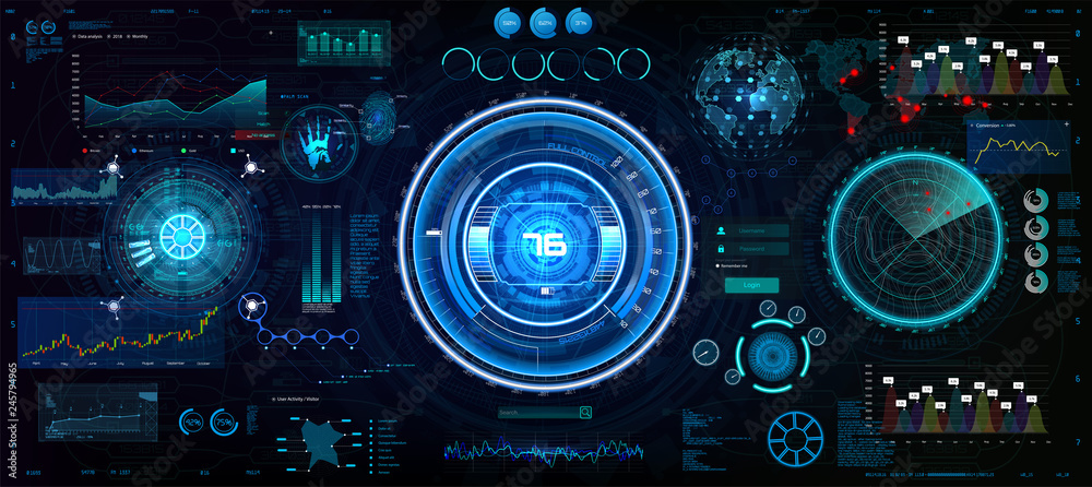 Poster hud interface set for gui, ui, ux design. head-up style, technology elements set (space, dashboard, 