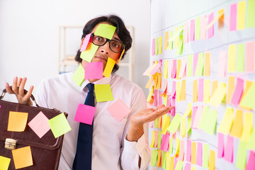 Young employee in conflicting priorities concept 