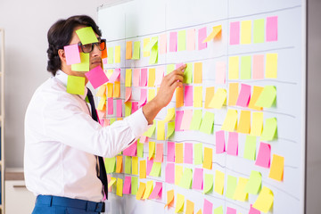 Young employee in conflicting priorities concept 