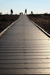 Silhouetted people walking and jogging across the end of a long wooden pathway