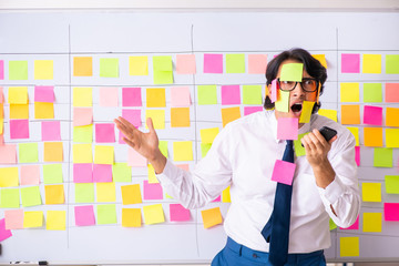 Young employee in conflicting priorities concept 
