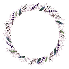 Wreath with lavender, leaves, herbs, . Watercolor Illustration on white background