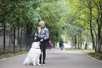 Lovely girl on a walk with a beautiful dog