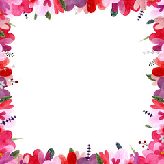 Frame with hearts, leaves, flowers, herbs. Watercolor Illustration