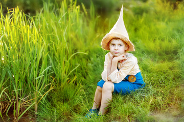 Outdoor portrait of little boy in green garden in art gnome's costume © Andreshkova Nastya
