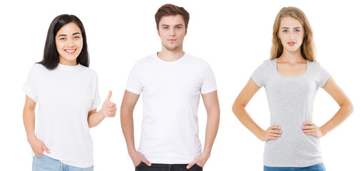 Women and man in blank template t shirt isolated on white background. Guy and girls in tshirt with copy space and mock up for advertising. Black and gray shirts. Front view
