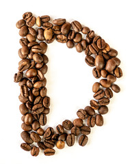 D letter made from coffee beans isolated on white background