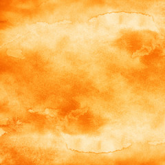 Abstract orange watercolor background with texture aquarelle paint and paper. Empty surface of square format with grunge effect for your text or collage.