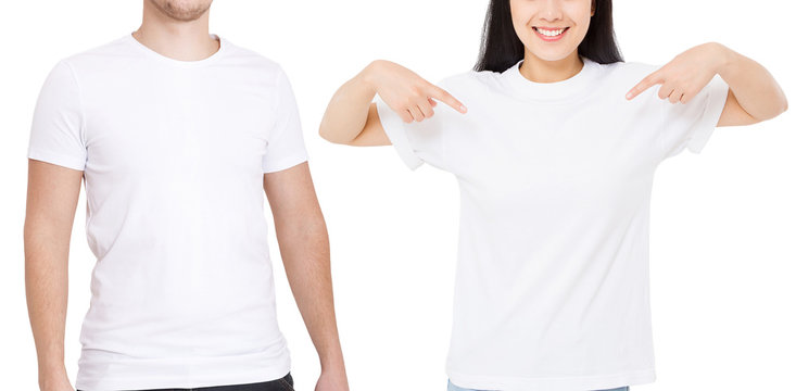 Asian Girl And Man In Blank Template T Shirt Isolated On White Background. Guy And Young Woman In Tshirt With Copy Space And Mock Up For Advertising. White Shirts. Front View