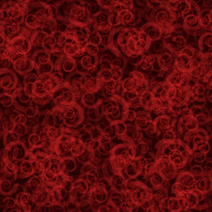 Abstract seamless pattern of randomly distributed translucent spirals in red colors