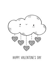 Valentine's Day Greeting card. Hand drawn happy cloud and hearts. Vector Illustration.