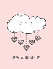 Valentine's Day Greeting card.  Hand drawn happy cloud and hearts. Pink background. Vector Illustration.
