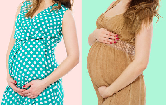 Pregnant woman set in dress holds hands on belly isolated on colorful background. Pregnancy and maternity women collage concept. Mother day. Copy space. Cropped image