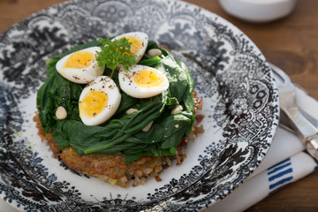Quail Eggs florentine with spinach and rosti