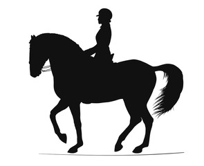 Equestrian, dressage. Silhouette of a rider and horse execute the piaffe.