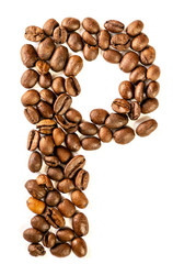 P letter made from coffee beans isolated on white background