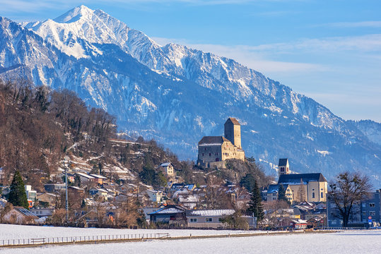 Sargans town and historical castle in Alps mountains, Switzerland