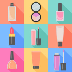 Set of nine makeup items in flat style with shadow