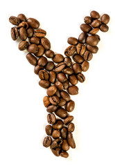 Y letter made from coffee beans isolated on white background