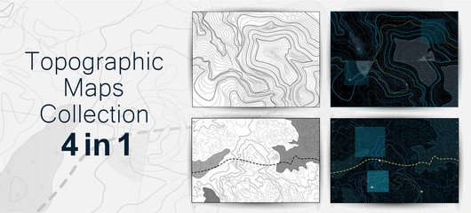 Topographic Map, Contour Background Collection. Map Grid Abstract Vector Illustration. The Concept of a Conditional Geography Scheme and the Terrain Path. Topo Map With Elevation. Vector Set